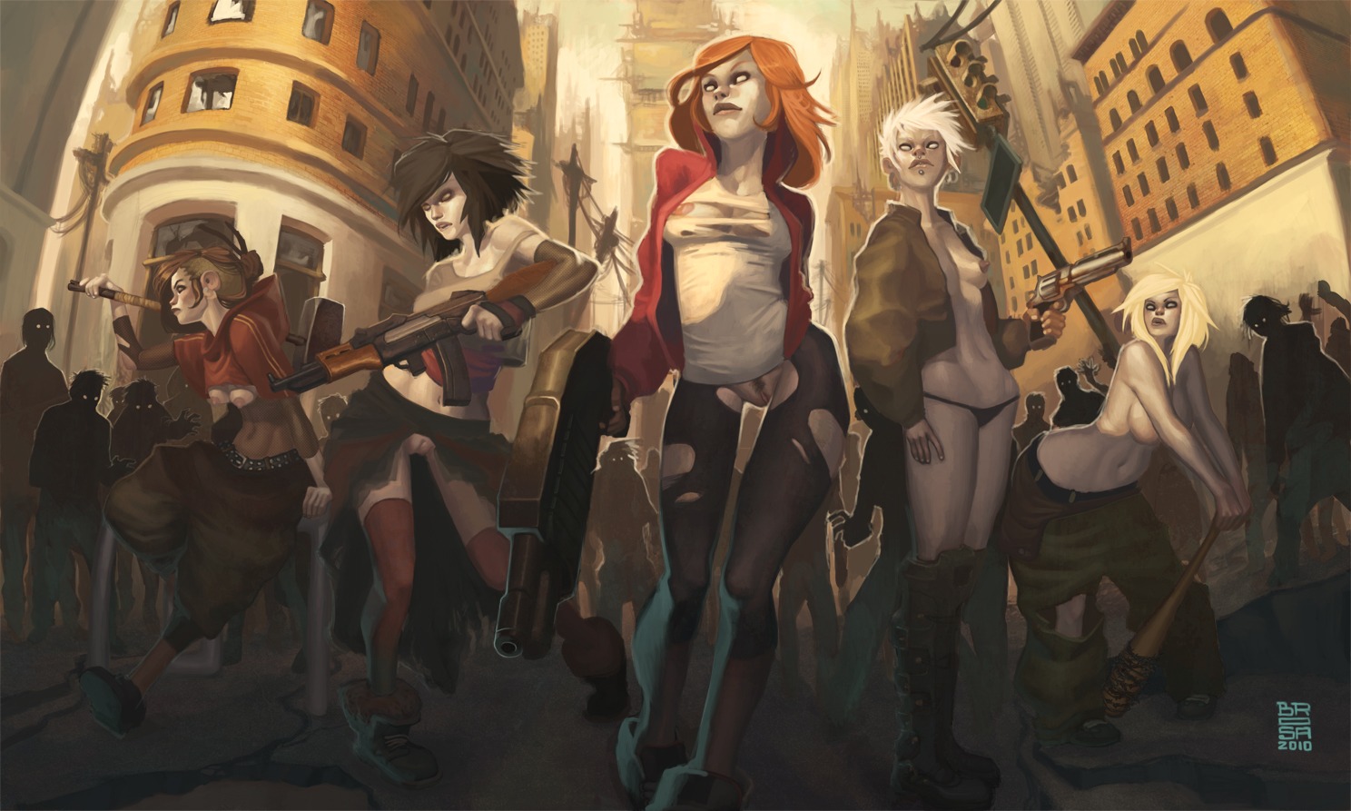 5girls baseball_bat boots bottomless casual clothing dead_evolution fantastybangcomix female firearm gun handgun human lip_piercing multiple_females multiple_girls open_clothes pale_skin piercing public revolver rifle rule34 shotgun thighhighs topless war_hammer weapon zombie