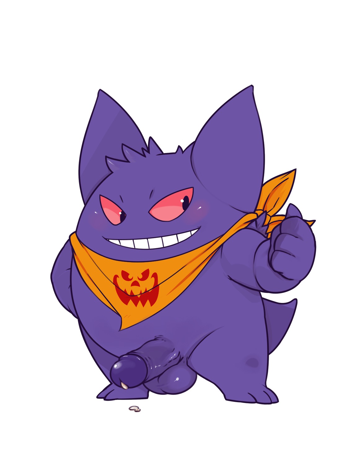 4_fingers ascot balls barefoot black_eyes blush bodily_fluids cum cum_on_penis e621 erection feet fingers foreskin generation_1_pokemon gengar genital_fluids genitals gesture ghost glans glistening grin hand_gesture happy hi_res humanoid_genitalia humanoid_penis male nintendo nude penis pokemon pokemon_(species) precum purple_body purple_glans purple_skin raised_arm red_eyes retracted_foreskin shadow simple_background smile solo spirit standing teeth thumbs_up toes unknown_artist unsigned white_background