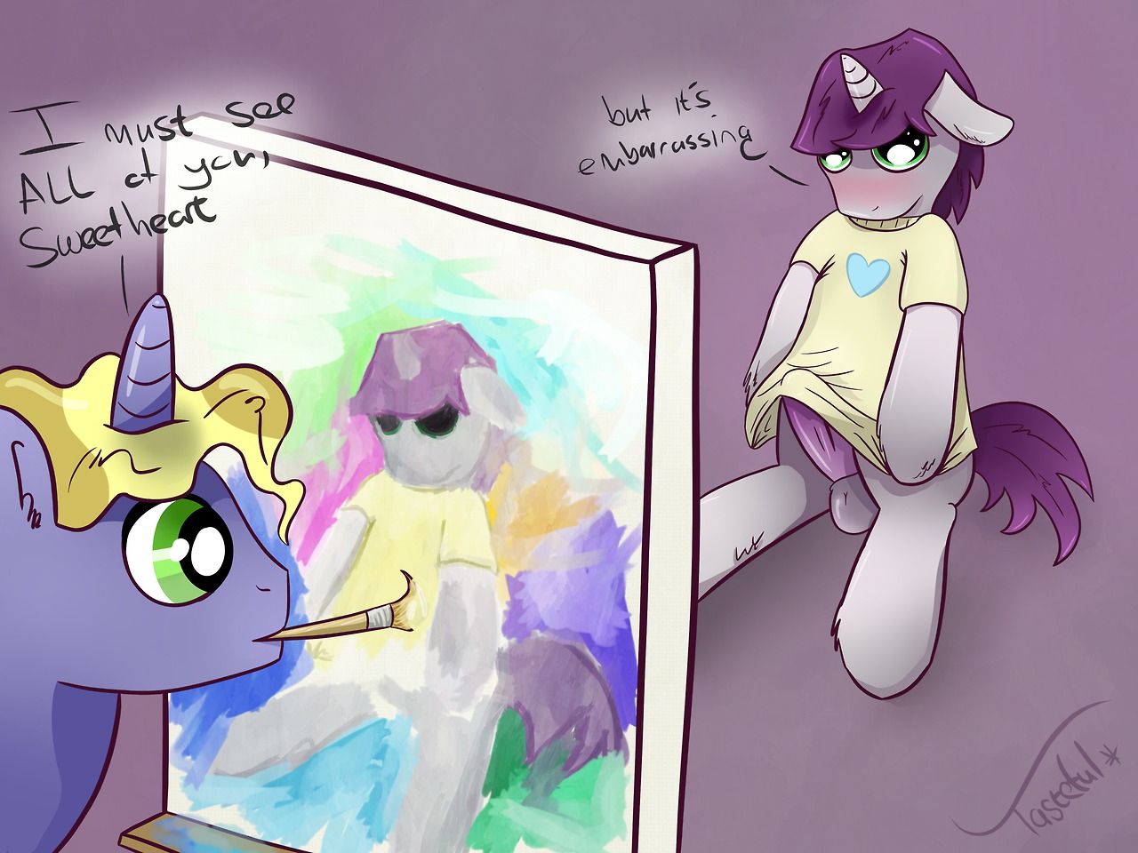 4:3 balls blush brush bulge clothing duo e621 embarrassed equid equine erection fan_character fur genitals green_eyes grey_body grey_fur hair hasbro horn male mammal my_little_pony mythological_creature mythological_equine mythology paintbrush painting_(object) penis ponet purple_hair solo_focus unicorn unknown_artist written_script_(mlp)