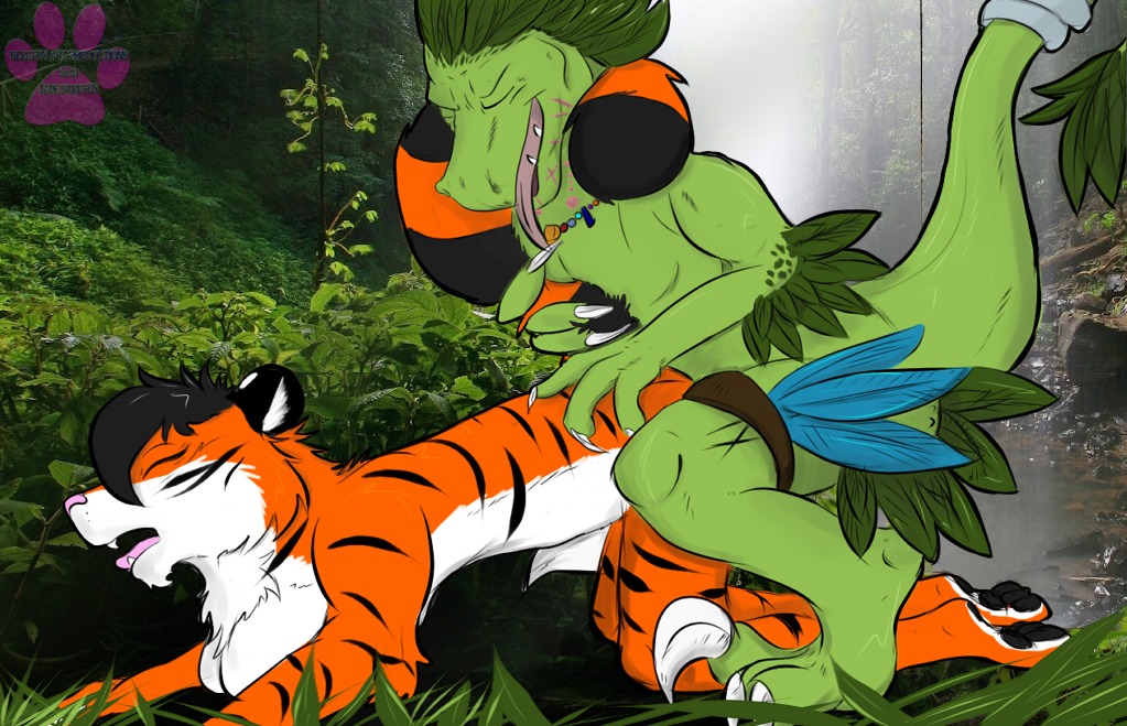 2013 anthro anthro_on_anthro avian breasts claws detailed_background dinosaur dirty.little.bleu.vixen dromaeosaurid duo e621 feathers felid female female_on_feral feral forest from_behind_position hryssar hryssar_kulazak interspecies lithulraptor male male/female mammal nature nature_background outside pantherine plant prehistoric_species reptile saurischian scalie sex sickle_claw tail theropod tiger toe_claws tree vaginal velociraptor