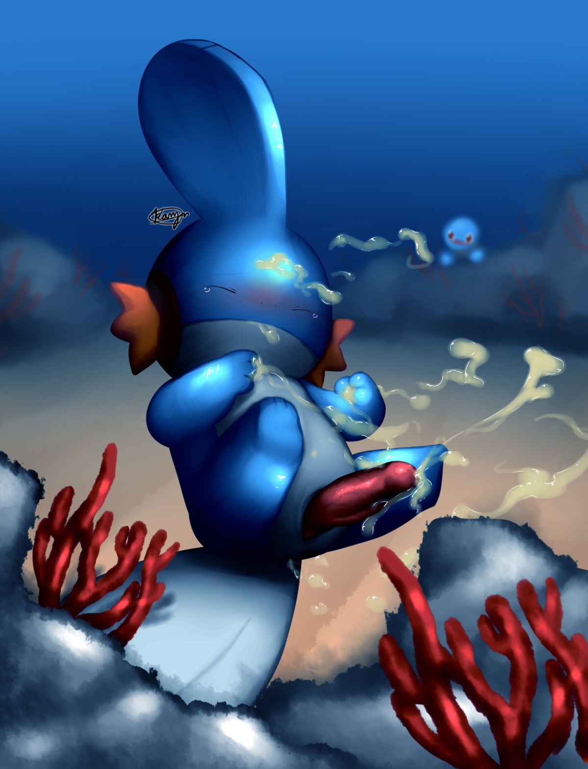 amphibian bodily_fluids cum darkrobin e621 erection feral generation_3_pokemon genital_fluids genitals hi_res male mudkip nintendo nude penis pokemon pokemon_(species) solo underwater water