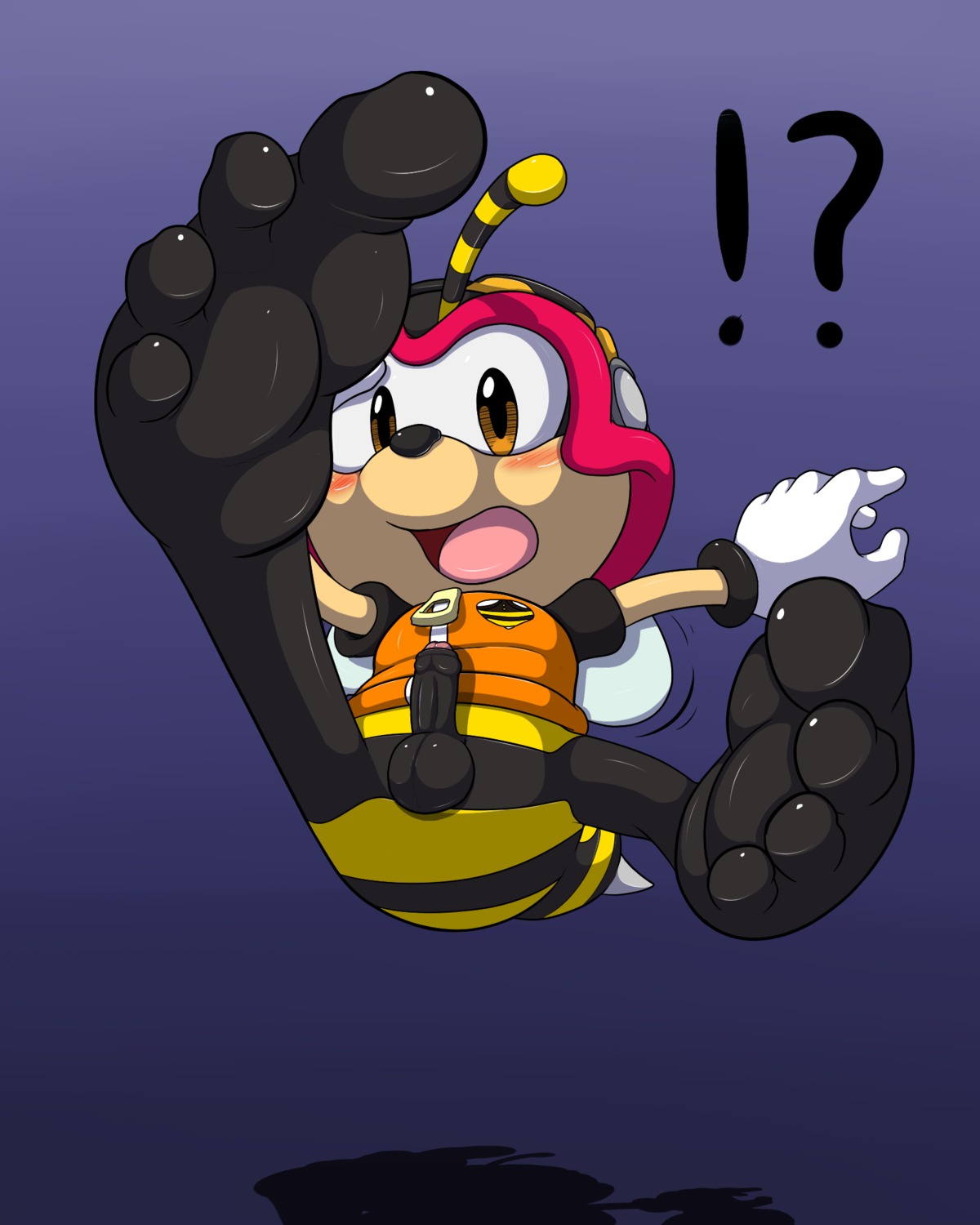 4:5 4_toes 5_fingers antennae_(anatomy) anthro arthropod balls bee black_balls black_body black_nose black_penis black_skin blush charmy_bee clothed clothing e621 erection exclamation_point feet fingers flying foot_focus foreskin fur genitals glistening gloves handwear hi_res humanoid_genitalia humanoid_penis hymenopteran insect insect_wings male open_mouth orange_eyes partially_clothed partially_retracted_foreskin penis pink_body pink_penis pink_skin plantigrade purple_background question_mark raised_arm raised_leg sega shadow simple_background solo sonic_the_hedgehog_(series) spread_legs spreading stinger tan_body tan_skin toes tongue topwear tweaker_(artist) vest wings yellow_body yellow_fur young zipper