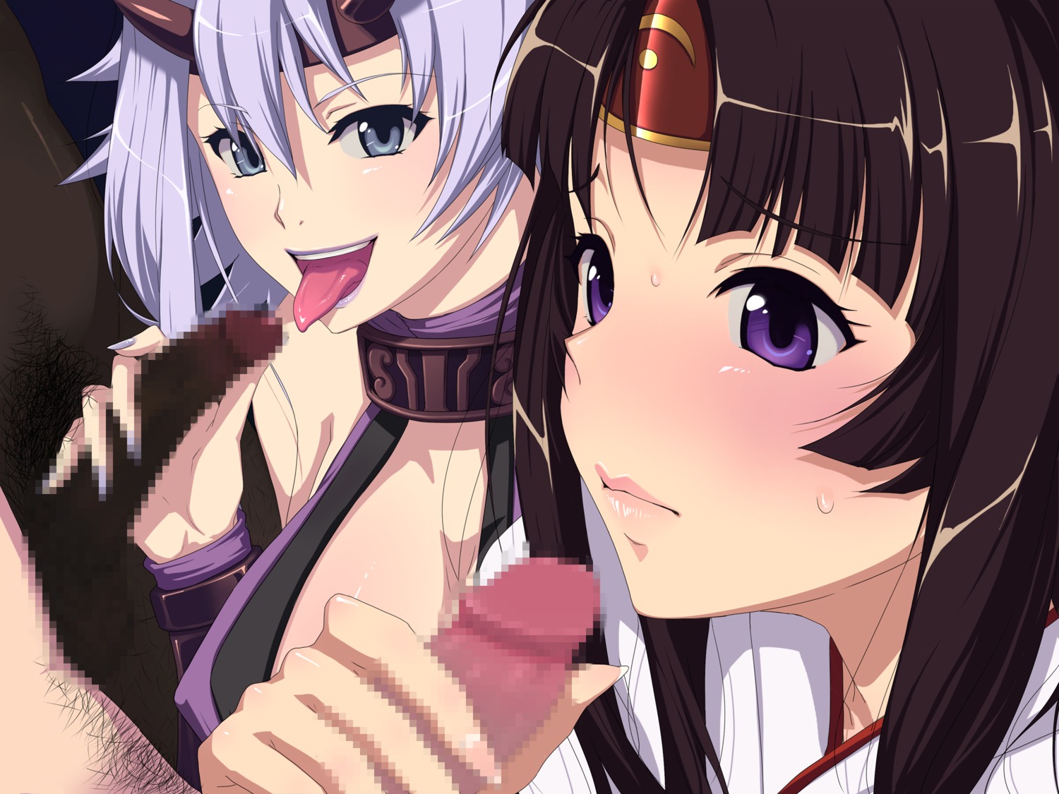 2boys 2girls blush brown_hair censored dark-skinned_male dark_skin female ffmm_foursome foursome handjob interracial light-skinned_female light-skinned_male light_skin looking_at_penis male penis purple_eyes queen's_blade rule34 shizuka tomoe tongue tongue_out