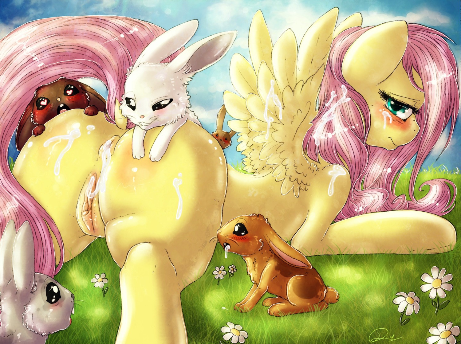 2014 ambiguous_gender angel_(mlp) anus blush bodily_fluids brown_body brown_fur butt cum cum_in_ass cum_in_hair cum_inside cum_on_butt cum_on_face cum_on_wings dimwitdog e621 easter equid equine feathered_wings feathers female feral fluttershy_(mlp) friendship_is_magic fur genital_fluids genitals grass group hair hasbro hi_res holidays lagomorph leporid long_hair looking_at_viewer lying mammal my_little_pony mythological_creature mythological_equine mythology on_front outside pegasus pink_body pink_fur plant rabbit vulva white_body white_fur wings yellow_body yellow_feathers yellow_fur