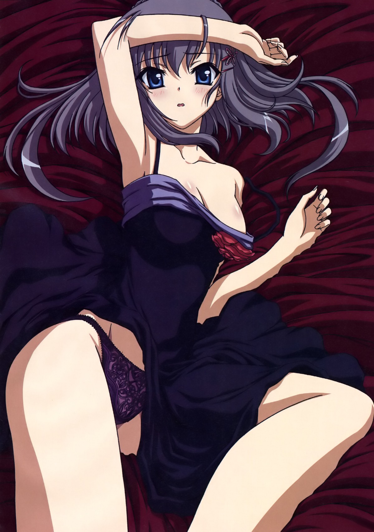 akane-iro_ni_somaru_saka bed blue_eyes blush breasts cleavage dress female highres katagiri_yuuhi panties pointy_chin rule34 silver_hair underwear yuuhi_katagiri