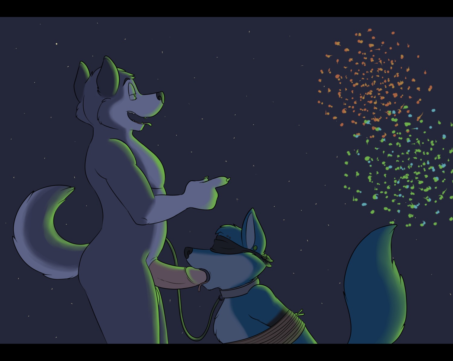anthro balls bdsm black_bars black_body black_nose black_skin blindfold blue_body blue_fur bound butt canid canine canis claws digital_media_(artwork) domestic_dog dominant dominant_male duo e621 ear_piercing erection fellatio fireworks fox fur genitals gesture grey_body grey_fur hand_gesture hands_behind_back happy hi_res humanoid_genitalia humanoid_penis male male/male mammal muscular night nude open_mouth oral outside pecs penile penis piercing pink_body pink_penis pink_skin pointing raised_arm robbie_(rotten_robbie) rope rotten_robbie sex sharp_teeth smile standing star submissive submissive_male teeth tongue tongue_out wolf