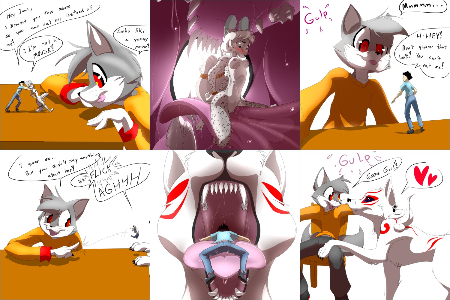 2011 3:2 amaterasu_(okami) anthro arokha arokha_(human) black_border blush border bound breasts canid canine canis capcom clover_studio deity digital_media_(artwork) domestic_cat e621 english_text extreme_size_difference eyeofcalamity felid feline felis female feral fox fur group heart_symbol human human_prey hybrid ivan_grey_(character) male mammal micro okami_(capcom) quadruped size_difference smaller_human tail teeth text tongue vore white_body white_fur wolf