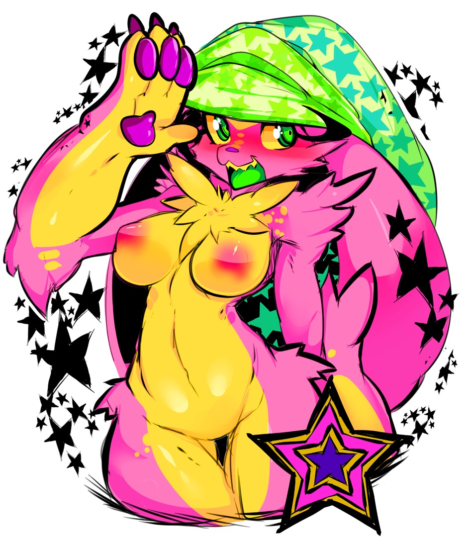 anthro big_ears breasts clothing color_contrast colorful_theme e621 female fur gesture green_eyes green_tongue headgear headkerchief headwear kerchief lagomorph leporid mammal nipples open_mouth pink_body pink_fur pink_nipples puffy_nipples rabbit salute sharp_teeth simple_background slugbox solo star teeth tongue white_background