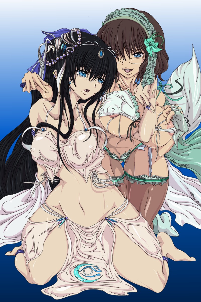 areolae breasts curvaceous curvy female glasses gundam gundam_00 high_res highres jewelry large_breasts lingerie madhatter_hello marina_ismail megane multiple_females multiple_girls nude oppai rule34 shirin_bakhtiar underwear yuri
