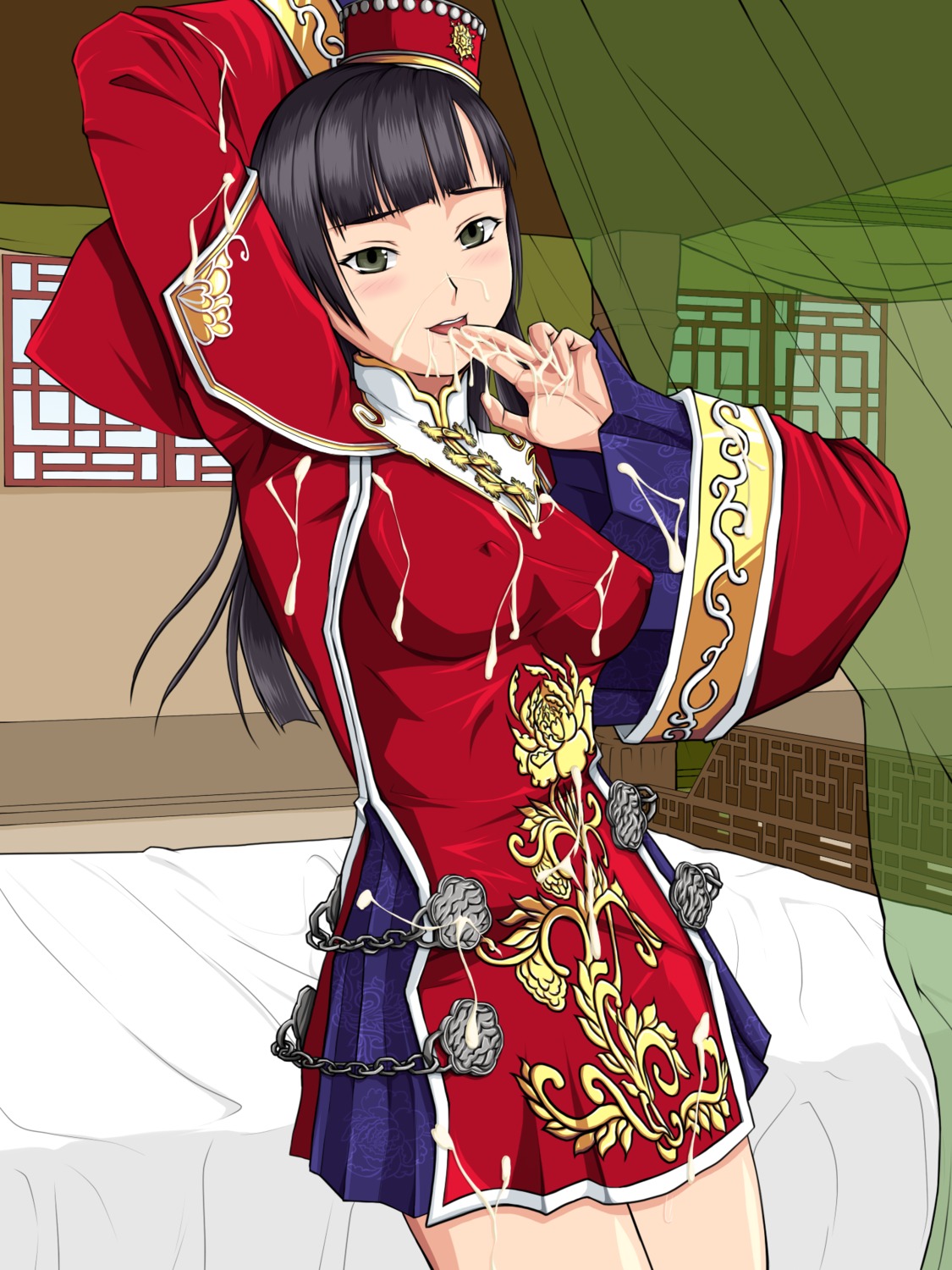 1girls bare_legs bed black_hair blush breasts clothed cum cum_on_body cum_on_clothes cum_on_hand cum_on_upper_body da_qiao erect_nipples facial female finger_to_lips fingers_to_mouth green_eyes hat highres knopf_koubou long_hair nipples rule34 shin_sangoku_musou solo standing