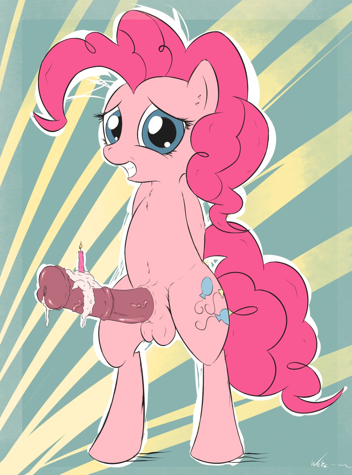 2013 absurd_res animal_genitalia animal_penis balls blue_eyes bodily_fluids candle crossgender cutie_mark e621 earth_pony equid equine equine_genitalia equine_penis erection feral friendship_is_magic genital_fluids genitals gynomorph hair hasbro hi_res horse intersex looking_at_viewer mammal my_little_pony neko-me nude penis pink_hair pinkie_pie_(mlp) pony precum smile solo