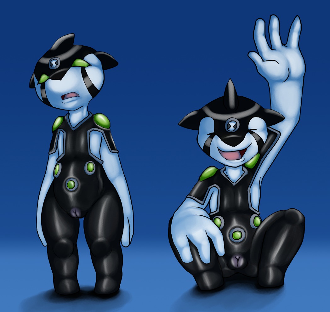 4_fingers ben_10 blue_background blue_skin c0nnerc00n closed_eyes color ditto_(ben_10) female female_only front_view green_eyes open_eyes open_mouth pussy raised_arm rule34 rule_63 sitting smooth_skin splixson standing vulva