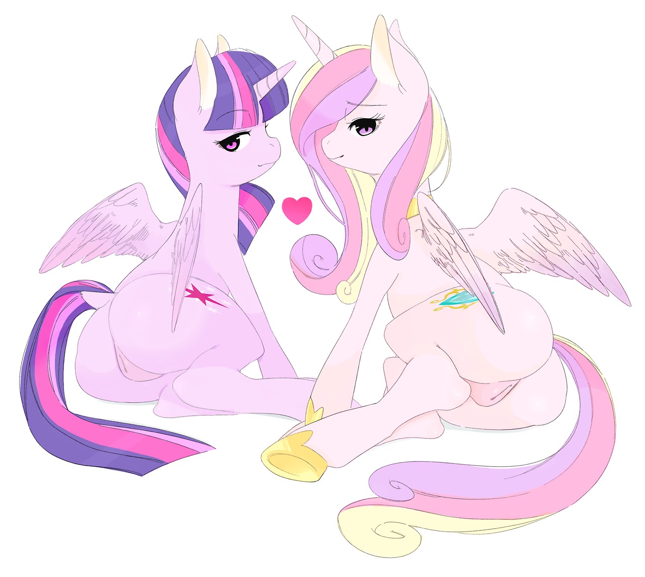 2014 butt cutie_mark duo e621 equid equine feathered_wings feathers female feral friendship_is_magic fur hair hasbro heart_symbol horn japananon long_hair mammal multicolored_hair my_little_pony mythological_creature mythological_equine mythology pink_body pink_fur princess_cadance_(mlp) purple_body purple_eyes purple_fur purple_hair twilight_sparkle_(mlp) two_tone_hair winged_unicorn wings