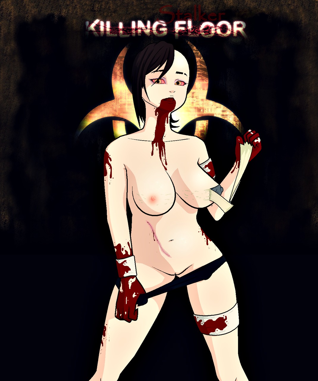 1girls 2d black_hair blood breasts female female_only killing_floor monster_girl nipples nude pussy rule34 solo solo_female stalker_(kf) yellow_eyes