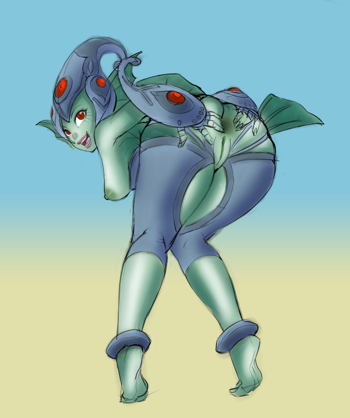 anus aquatic bandai_namco barefoot bent_over big_breasts breasts butt digimon digimon_(species) e621 feet female genitals gradient_background hi_res legoman muh_arts nipples non-mammal_breasts non-mammal_nipples nude ranamon red_eyes side_boob simple_background smile solo spread_anus spreading standing vulva