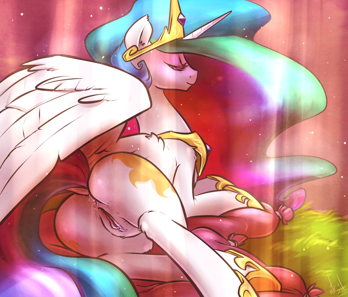 2013 anus atryl butt crown cutie_mark digital_media_(artwork) e621 equid equine eyes_closed feathered_wings feathers female feral friendship_is_magic fur genitals hair hasbro headgear hooves horn mammal multicolored_hair my_little_pony mythological_creature mythological_equine mythology presenting princess_celestia_(mlp) quadruped sitting solo tail vulva white_body white_feathers white_fur winged_unicorn wings