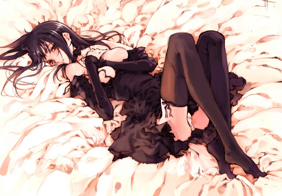 black_hair breasts dress elbow_gloves female gloves gothic legs long_hair long_legs lying ooyari_ashito open_clothes open_shirt original oyari_ashito panties pantyshot pantyshot_(lying) rule34 shirt skirt thighhighs underwear zettai_ryouiki