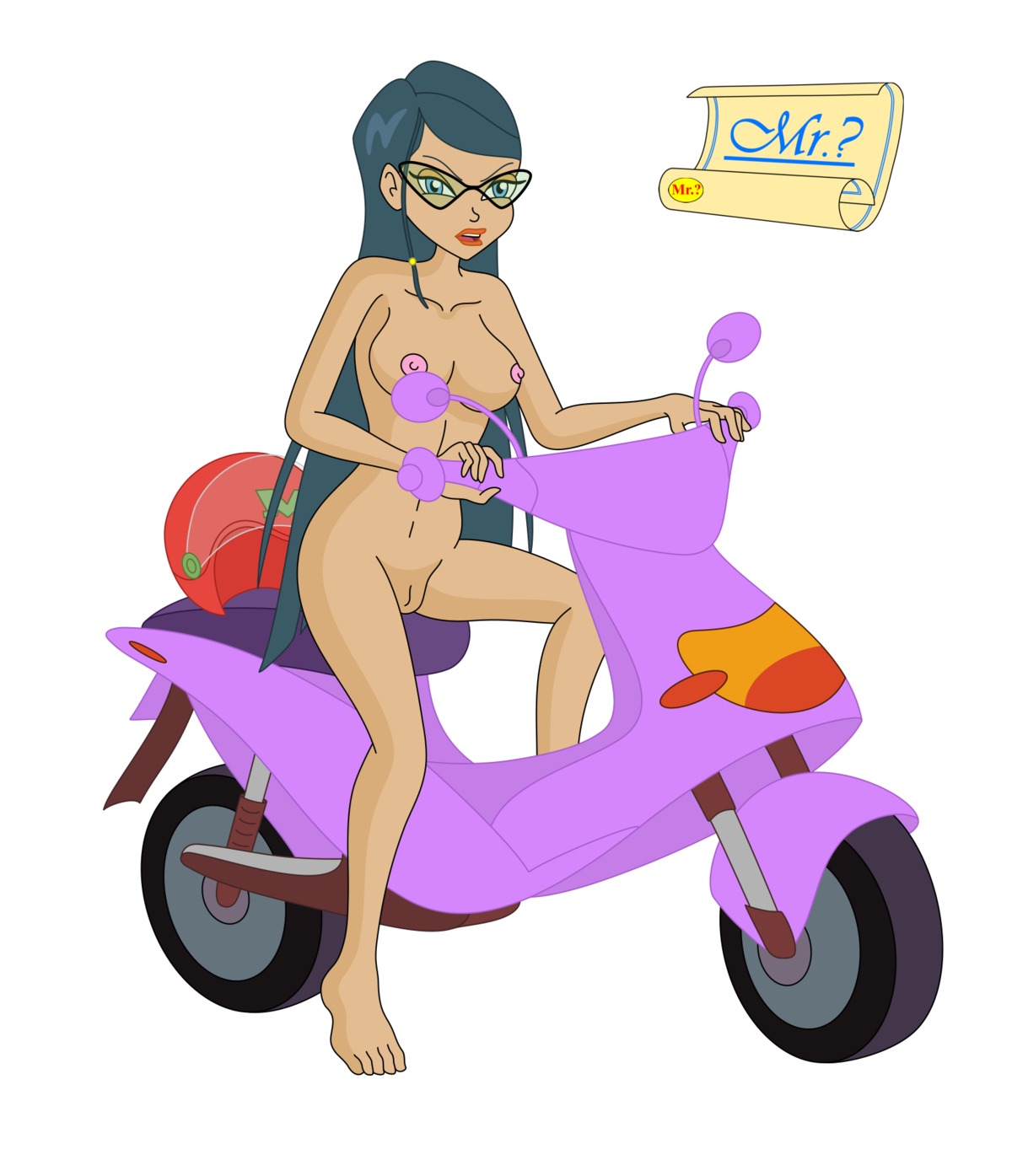 1girls areolae breasts cobolt2 female glasses human looking_at_viewer mitzi_(winx_club) motorcycle naked nipples nude rule34 scooter solo tagme tinted_eyewear winx_club