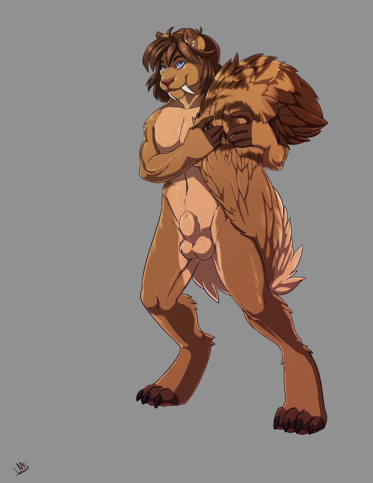 2011 absurd_res agentdiego007 animal_genitalia anthro artyom_(agentdiego007) balls big_ears big_tail biped blue_eyes brown_body brown_fur brown_hair canid canine claws digitigrade e621 fangs feet felid fluffy fluffy_tail fully_sheathed fur genitals hair hi_res hindpaw hybrid long_tail looking_at_viewer male mammal mistresssparkles muscular muscular_anthro muscular_male nude paws pinup pose prehistoric_species saber-toothed_tiger sabertooth_(anatomy) sheath simple_background solo stripes tail teeth