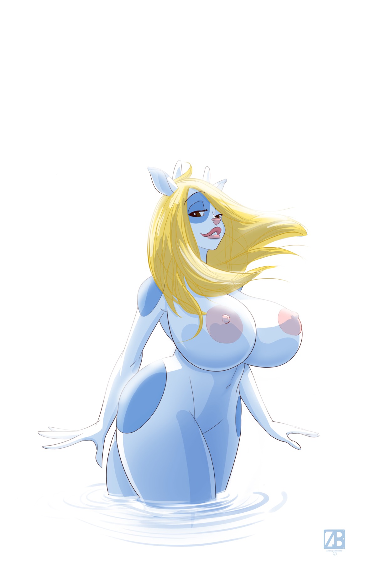 2012 absurd_res anthro big_breasts big_nipples blonde_hair blue_body blue_fur bovid bovine breasts brown_eyes cattle curvy_figure e621 female fur hair hi_res horn huge_breasts lips long_hair mammal navel nipples nude pink_nose simple_background smile solo spots tail thick_thighs voluptuous water white_background white_body white_fur wide_hips zaftigbunnypress