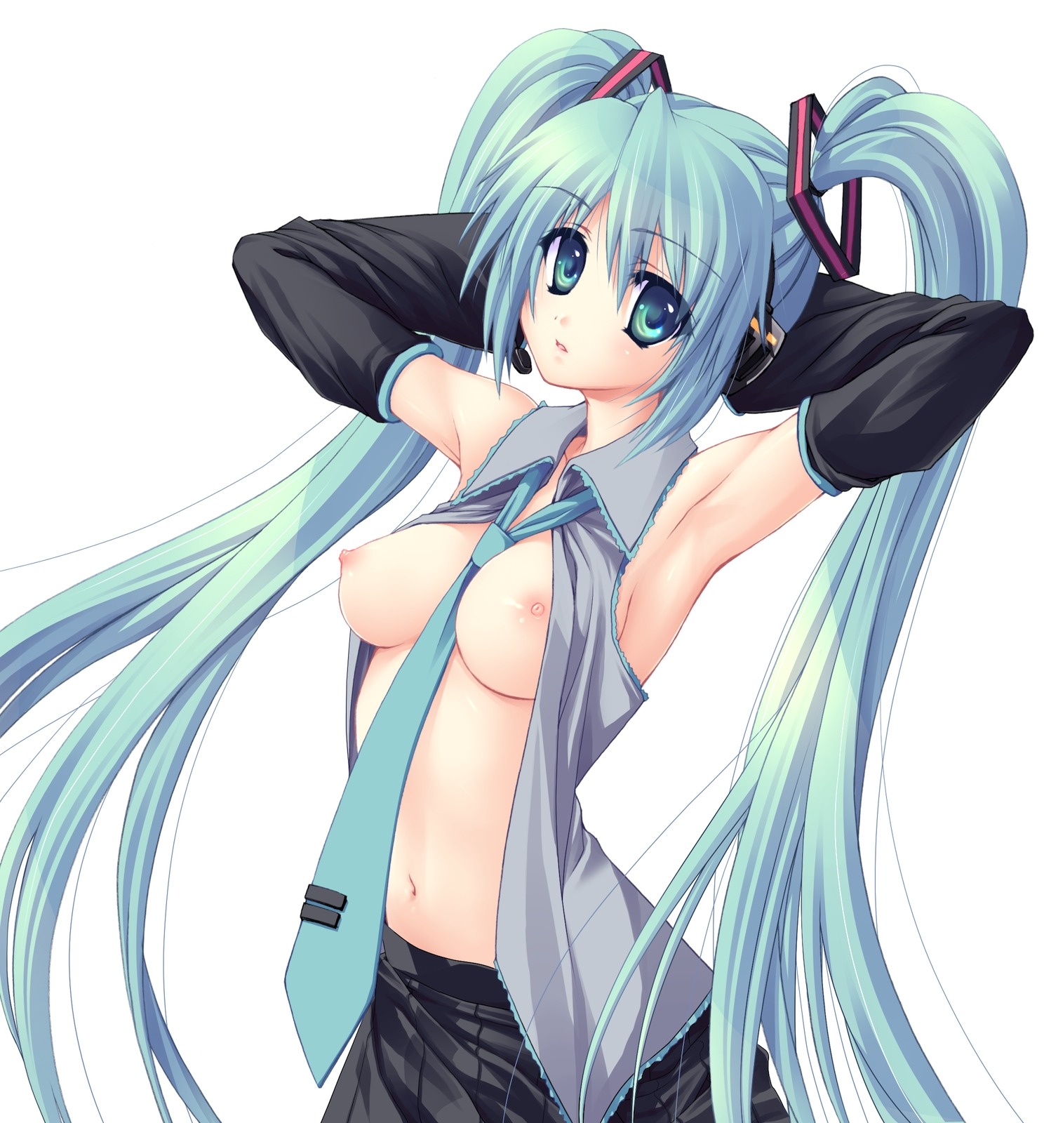 1girl 1girls 2010 aqua_eyes aqua_hair armpits arms_up between_breasts big_eyes breasts detached_sleeves eyebrows_visible_through_hair female female_only hands_behind_head hatsune_miku headset high_resolution kinosaki kinosaki_yuki long_hair looking_at_viewer medium_breasts navel necktie nipples open_clothes open_shirt rule34 shirt skirt solo tie tie_between_breasts tied_hair twintails upper_body very_long_hair vocaloid white_background