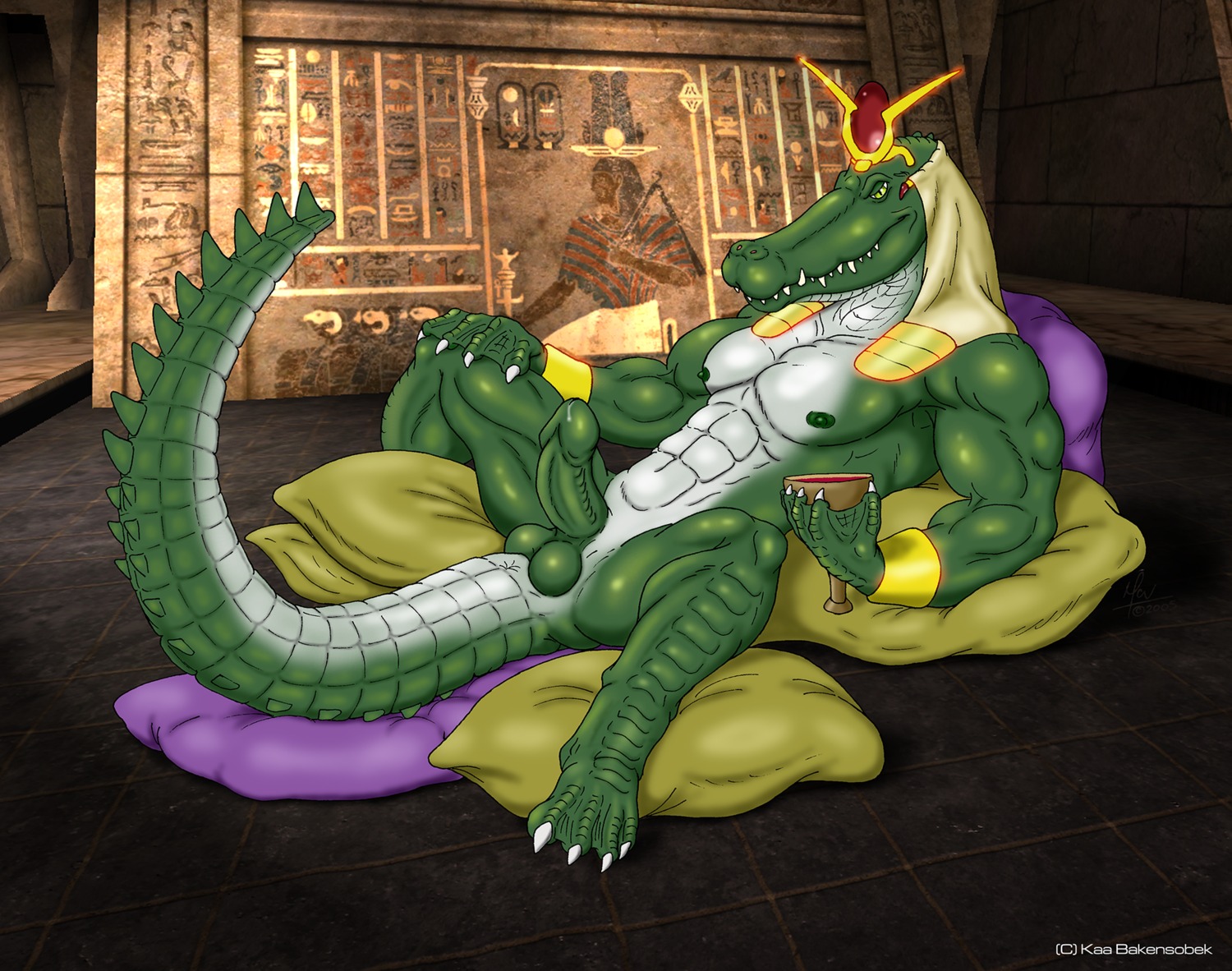 abs anthro balls biceps big_muscles biped clothing container crocodile crocodilian crown cup deity e621 egyptian egyptian_clothing egyptian_headdress egyptian_mythology erection genitals goblet green_balls green_body green_nipples green_skin headgear hi_res humanoid_genitalia humanoid_penis kaa_bakensobek looking_at_viewer lying male membrane_(anatomy) middle_eastern_mythology muscular muscular_anthro muscular_male mythology nipples non-mammal_balls non-mammal_nipples nude pecs penis pillow pose purple_pillow reclining reptile scales scalie sobek solo tail webbed_hands