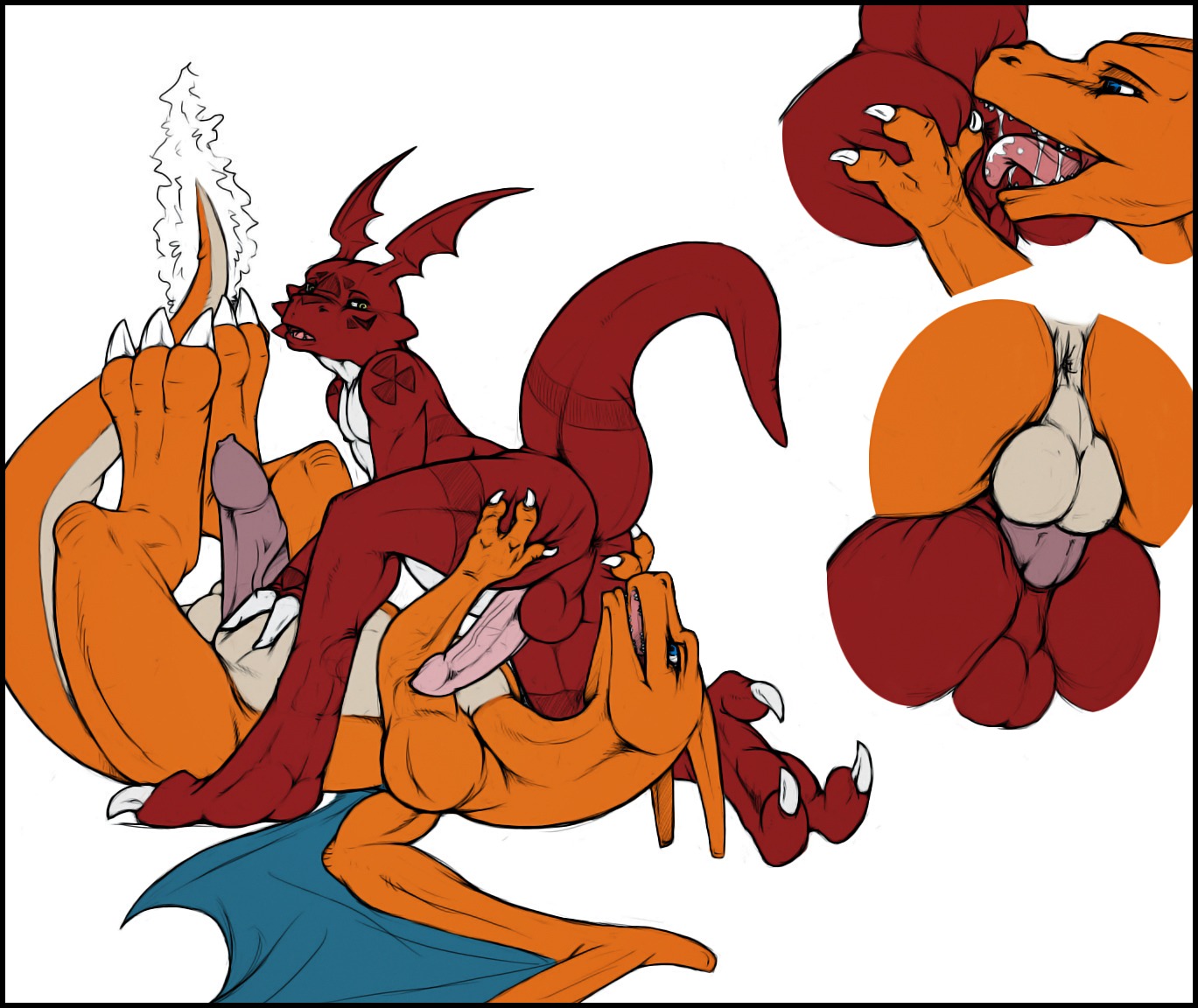 3_fingers 3_toes anal anal_penetration anthro anus athletic backsack balls bandai_namco big_feet bodily_fluids butt butt_grab charizard claws crossover digimon digimon_(species) dragon duo e621 erection feet fingers fire flaming_tail foreskin generation_1_pokemon genitals guilmon hand_on_another's_butt hand_on_butt humanoid_genitalia humanoid_penis inverted_zero_unit legs_up licking lol_comments long_foreskin lunge_pose male male/male male_penetrated male_penetrating male_penetrating_male markings membrane_(anatomy) membranous_wings mythological_creature mythological_scalie mythology narse nintendo open_mouth oral orange_body orange_skin penetration penis pokemon pokemon_(species) rear_view rimming saliva scalie semi-anthro sex simple_background spread_butt spreading symbol tail third-party_edit toes tongue tongue_out unretracted_foreskin vein veiny_penis white_background wings zero_unit