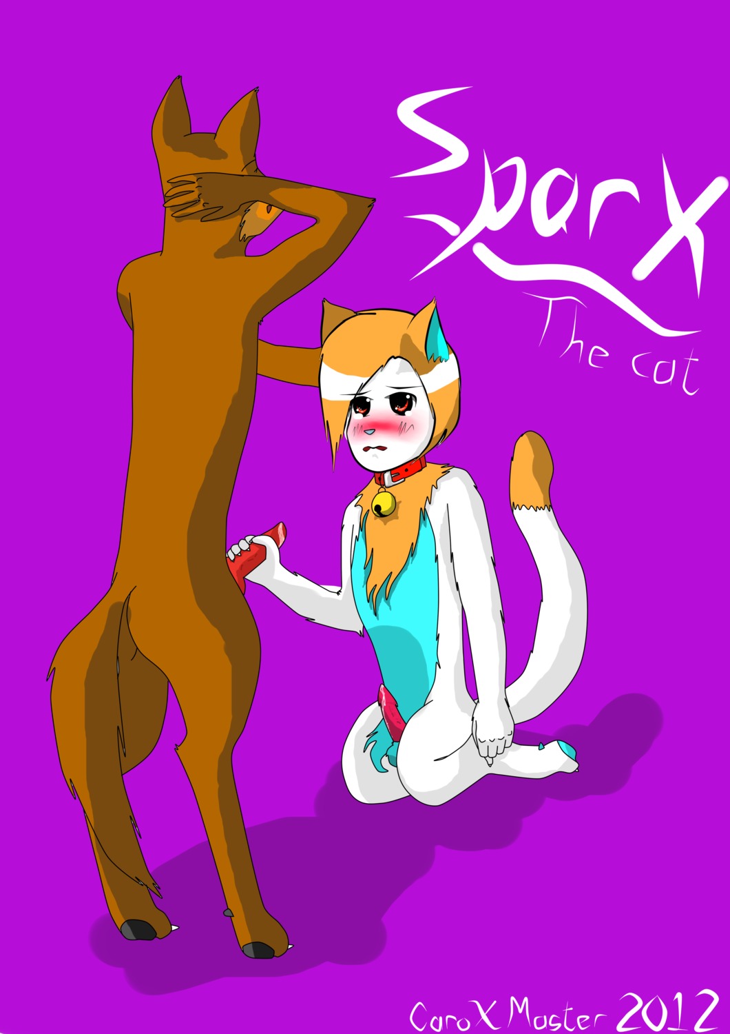 absurd_res animal_genitalia animal_penis anthro blush canid canine canine_genitalia canine_penis canis caroxmaster domestic_cat domestic_dog duo e621 erection felid feline felis genitals handjob hi_res interspecies knot male male/male mammal nude penile penis sex sparx_the_cat tail