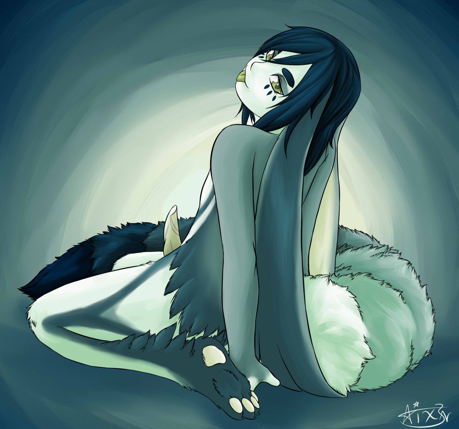 aixen anthro biped blue_hair e621 erection floppy_ears fluffy fluffy_tail genitals green_eyes hair hi_res kneeling male penis reclining solo tail tongue tongue_out