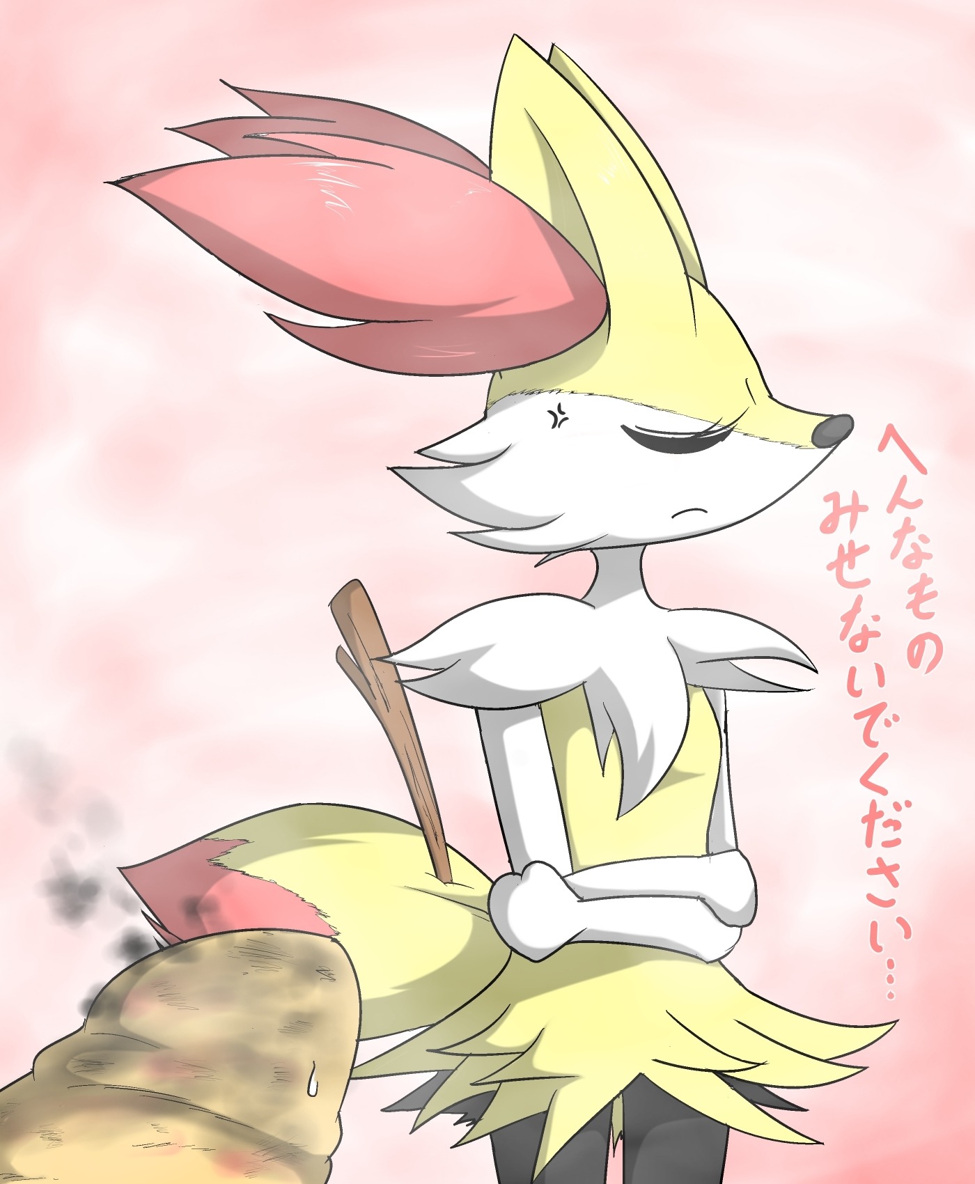 24651 angry anthro braixen burnt_penis canid canine duo e621 eyes_closed generation_6_pokemon genitals hi_res human humor inner_ear_fluff japanese_text male mammal nintendo penis pokemon pokemon_(species) solo_focus text translated tuft