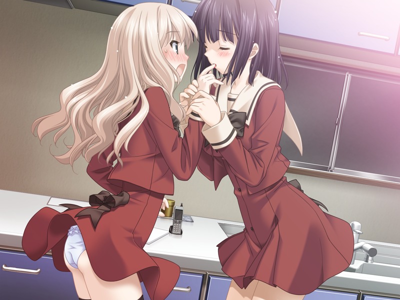 black_hair blonde_hair blush cg eroge female fuguriya game_cg green_eyes indoors kawamura_reo multiple_females multiple_girls purple_eyes rule34 sawaguchi_mai schoolgirl sono_hanabira_ni_kuchizuke_wo yuri