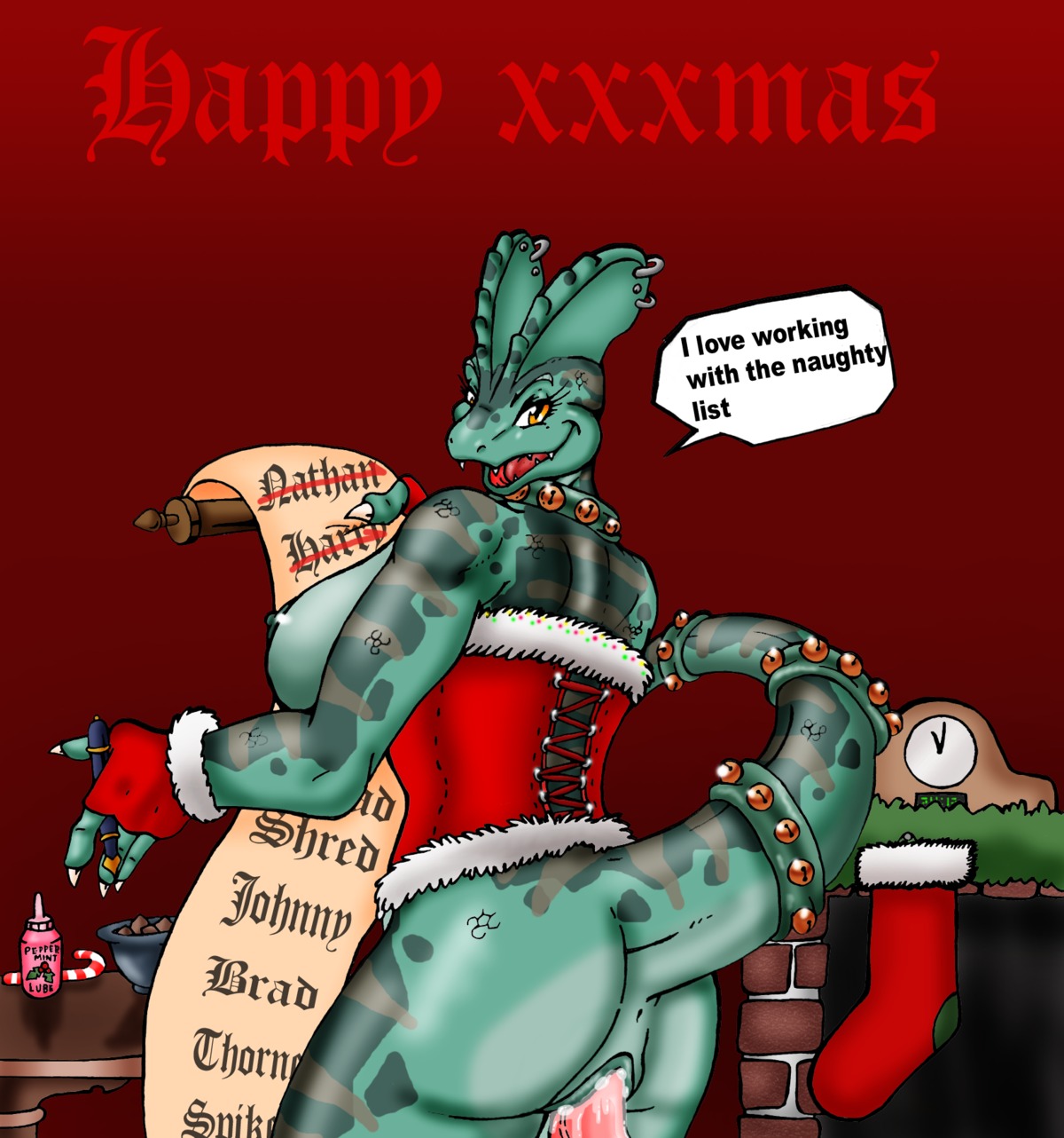 amber_eyes anthro anus big_breasts bodily_fluids breasts christmas cum cum_in_vagina cum_inside dilophosaurid dilophosaurus dinosaur duo dylian_hailford e621 ear_piercing english_text erection female female_focus female_penetrated genital_fluids genitals hi_res holidays looking_at_viewer looking_back lordstevie male male/female male_penetrating male_penetrating_female nipples non-mammal_breasts non-mammal_nipples orgasm penetration penile penile_penetration penis penis_in_vagina piercing prehistoric_species red_background reptile saurischian scalie sex side_boob simple_background solo_focus tail text theropod vaginal vaginal_penetration vulva