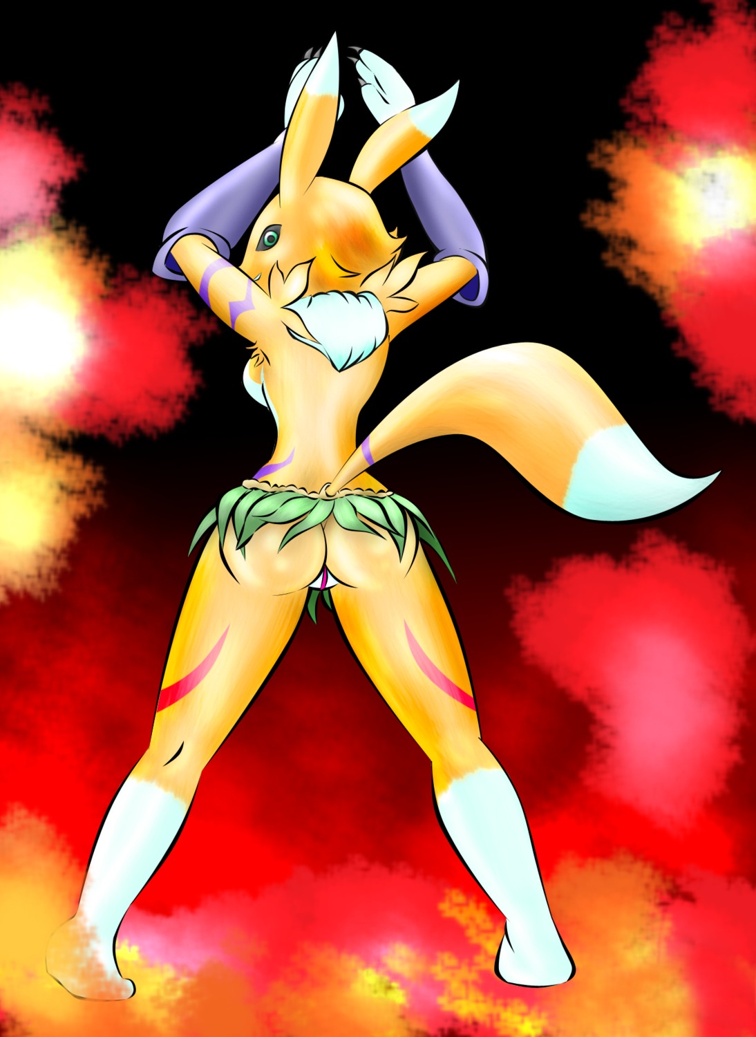 anthro ass back_view barefoot canine color digimon digimon_(species) female female_only fox fur furry grass_skirt pussy renamon rule34 solo standing tagme tail vulva