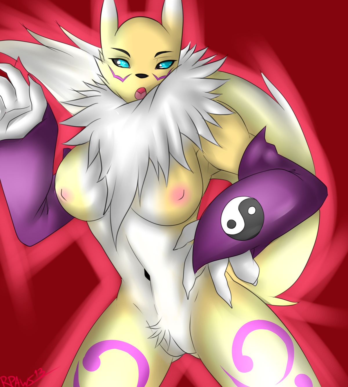 anthro bandai_namco black_nose black_sclera blue_eyes breasts canid canine digimon digimon_(species) e621 female fur genitals hi_res mammal nipples open_mouth purple_body purple_fur renamon renamonpaws solo tongue vulva white_body white_fur yellow_body yellow_fur