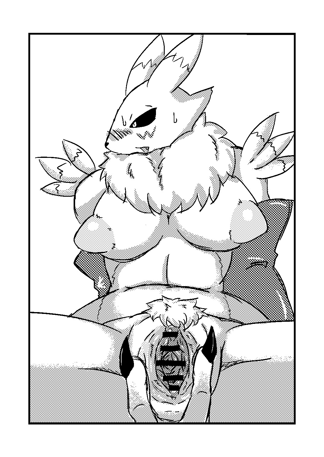 anthro bandai_namco black_and_white black_sclera border breasts canid canine censor_bar censored digimon digimon_(species) e621 female fur genitals hi_res ineffective_censorship mammal monochrome mostly_nude nipples pubes renamon snakegood solo spread_vulva spreading vulva white_border
