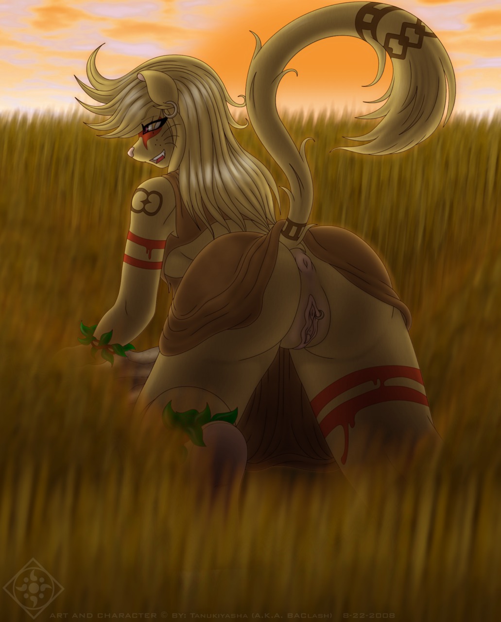 2008 all_fours anthro anus biped blonde_hair bodypaint bottomwear breasts butt clitoris clothed clothing cloud detailed_background e621 ear_piercing fangs feet felid female genital_piercing genitals hair hi_res hindpaw hunter labia_minora_piercing labia_piercing leaf lion long_hair mammal no_underwear nude open_mouth outside pantherine paws piercing pink_nose plantigrade plump_labia raised_tail red_eyes skirt sky solo stalking tail tail_anus tail_under_skirt tail_upskirt tanukiarts tattoo teeth under_boob upskirt urethra vulva vulva_piercing