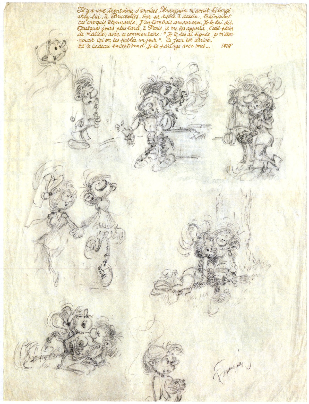 1girls 2boys breast_sucking breasts breasts_out female franquin french gaston_(comic) gaston_lagaffe glasses grabbing_penis handjob hetero human human_only jeanne_(gaston) long_hair male missionary_position office pants_down penis penis_out round_glasses rule34 sketch spirou_magazine sucking_nipples tagme text traditional_media translated