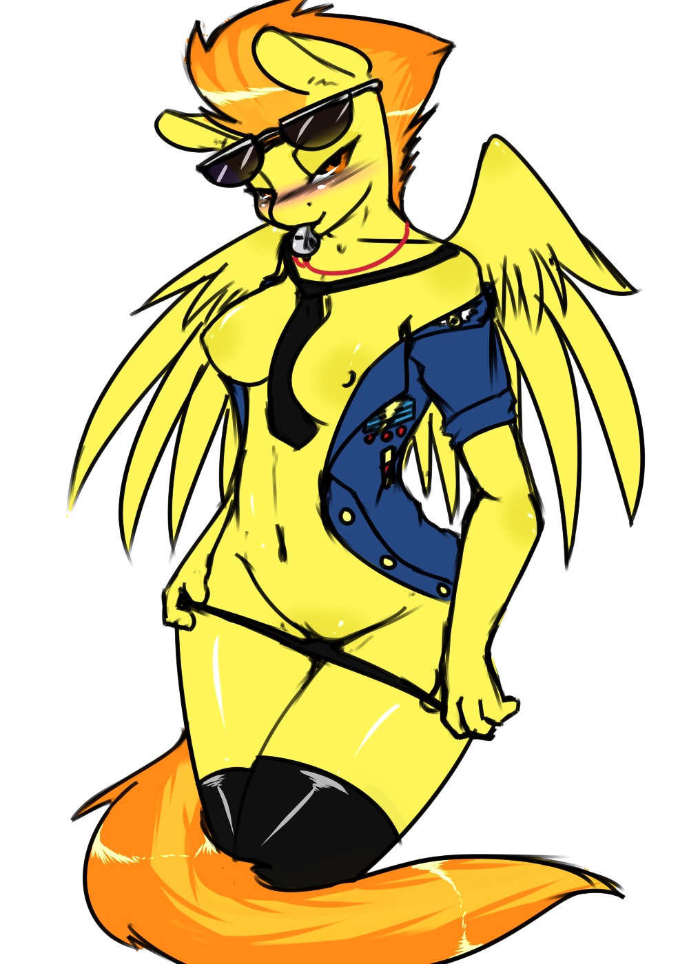2012 accessory amber_eyes anthro anthrofied avante92 badge bedroom_eyes biped blush breasts clothed clothing e621 equid equine eyewear feathered_wings feathers female friendship_is_magic genitals glasses hair hasbro hi_res legwear looking_at_viewer mammal multicolored_hair my_little_pony mythological_creature mythological_equine mythology narrowed_eyes navel necktie nipples officer open_clothing open_shirt open_topwear orange_hair panties panties_down partially_clothed pegasus seductive shirt simple_background solo spitfire_(mlp) standing stockings sunglasses tail topwear two_tone_hair underwear underwear_down uniform vulva whistle_(object) whistle_around_neck whistle_in_mouth wings wonderbolts_(mlp) yellow_body yellow_feathers