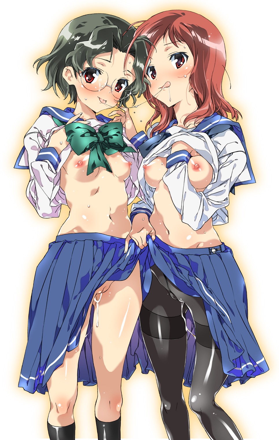 black_socks blush breasts clothes eyewear female footwear glasses green_hair hair highres knee_socks kneehighs kneesocks midori_kouichi multiple_females multiple_girls nipples no_panties pantyhose pussy pussy_juice red_eyes red_hair ribbon rule34 saki saliva saliva_trail school_uniform serafuku short_hair skirt skirt_lift smile socks someya_mako straight_hair takei_hisa tongue uncensored undressing yuri