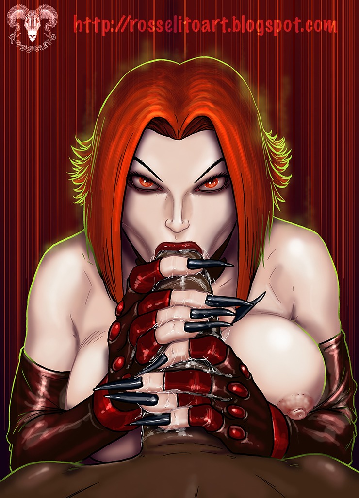 bloodrayne breasts dark-skinned_male dark_skin fellatio female hair handjob interracial long_nails looking_at_viewer male nipples oral penis rayne red_eyes red_hair rule34 short_hair studio-pirrate_(rosselito)