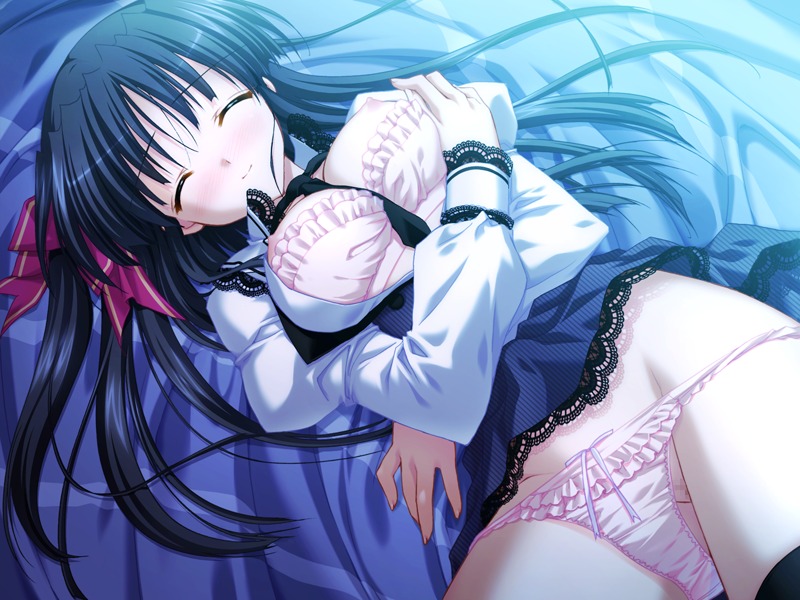 1girls asaba_yuu aster_(game) black_hair blush breasts censored cg clothed_female clothing eroge exposed_breasts exposed_pussy eyebrows_visible_through_hair eyes_closed female female_only game_cg hair_ribbon human large_breasts light-skinned_female light_skin long_hair lying_down lying_on_back lying_on_bed moonlight nipples panties pussy ribbon rule34 skirt smile tie undressing wide_hips yuzuki_saya