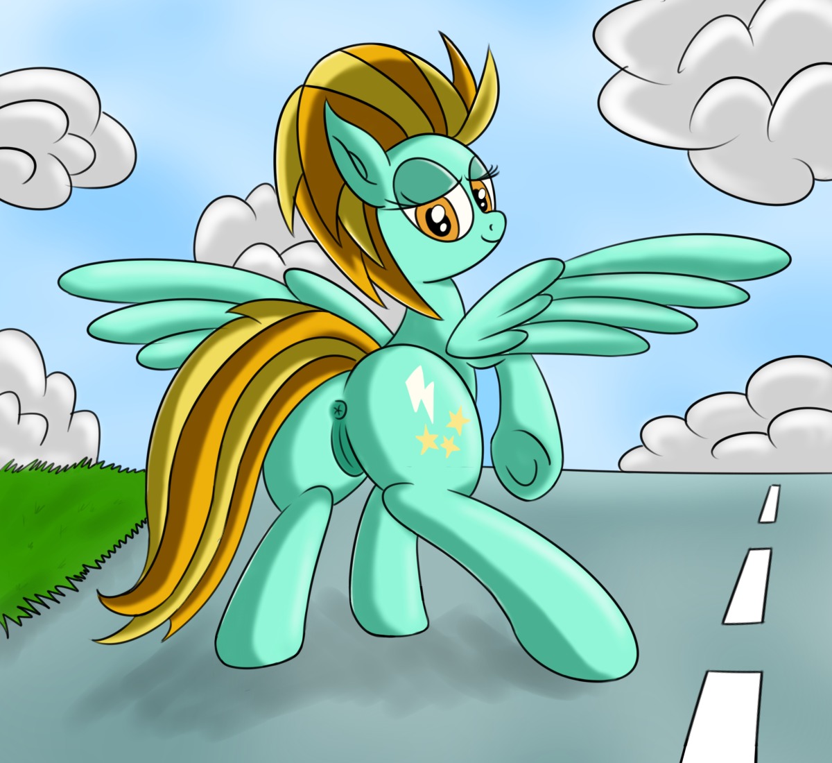 anus blue_body blue_feathers butt cloud cutie_mark e621 equid equine feathered_wings feathers female feral friendship_is_magic genitals hair hasbro lightning_dust_(mlp) looking_back mammal multicolored_hair my_little_pony mythological_creature mythological_equine mythology outside pegasus quadruped sky solo tail two_tone_hair vulva wings yellow_eyes ziemniax