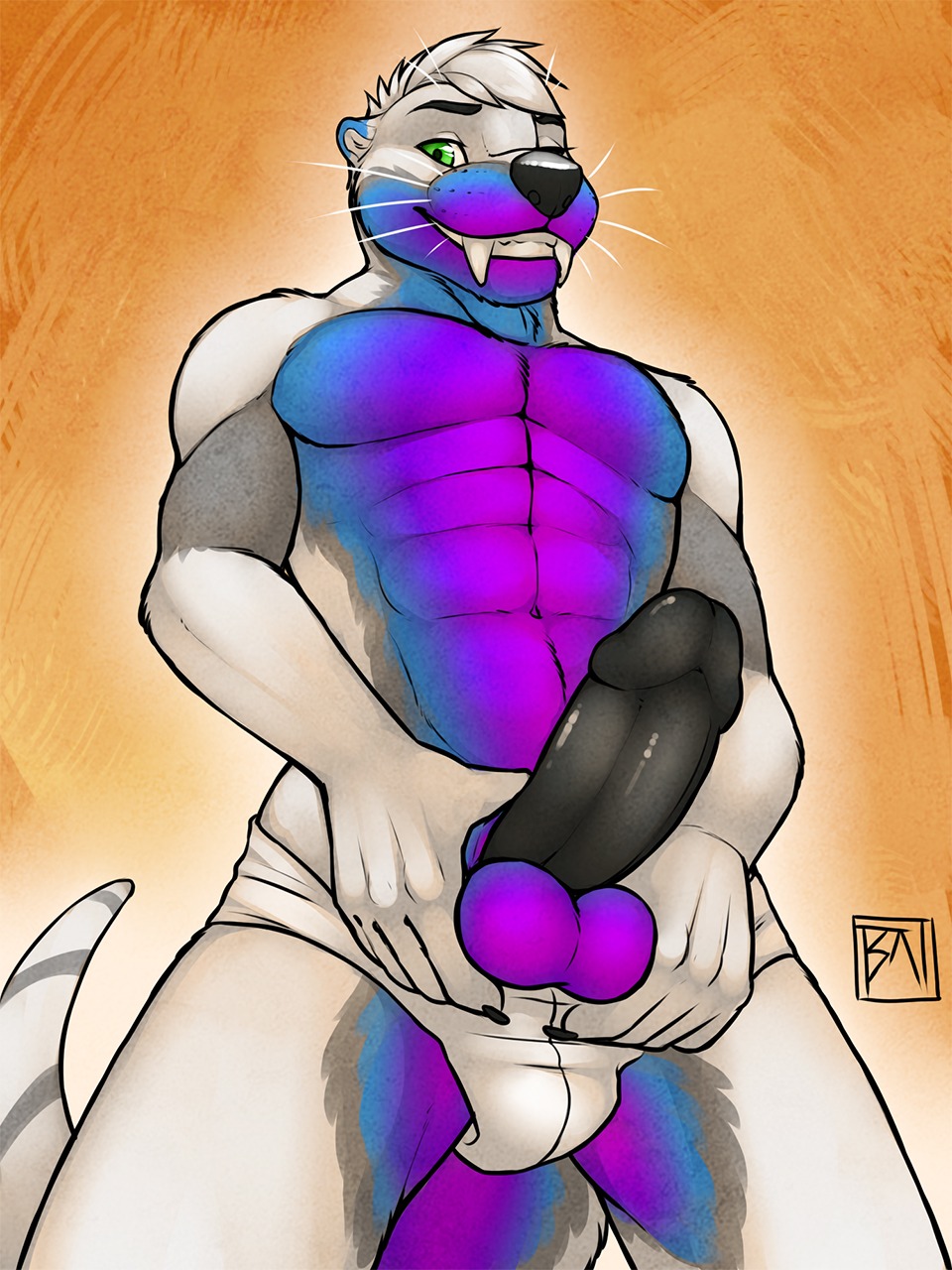 2014 3:4 abs animal_genitalia anthro balls biceps biped black_penis blue_body blue_fur briefs clothing e621 erection fur genitals green_eyes hair hi_res humanoid_genitalia humanoid_penis looking_at_viewer low-angle_view male mammal muscular muscular_anthro muscular_male mustelid otter pecs penis pink_body pink_fur purple_body purple_fur solo tsaiwolf tusky underwear undressing white_body white_fur white_hair worm's-eye_view