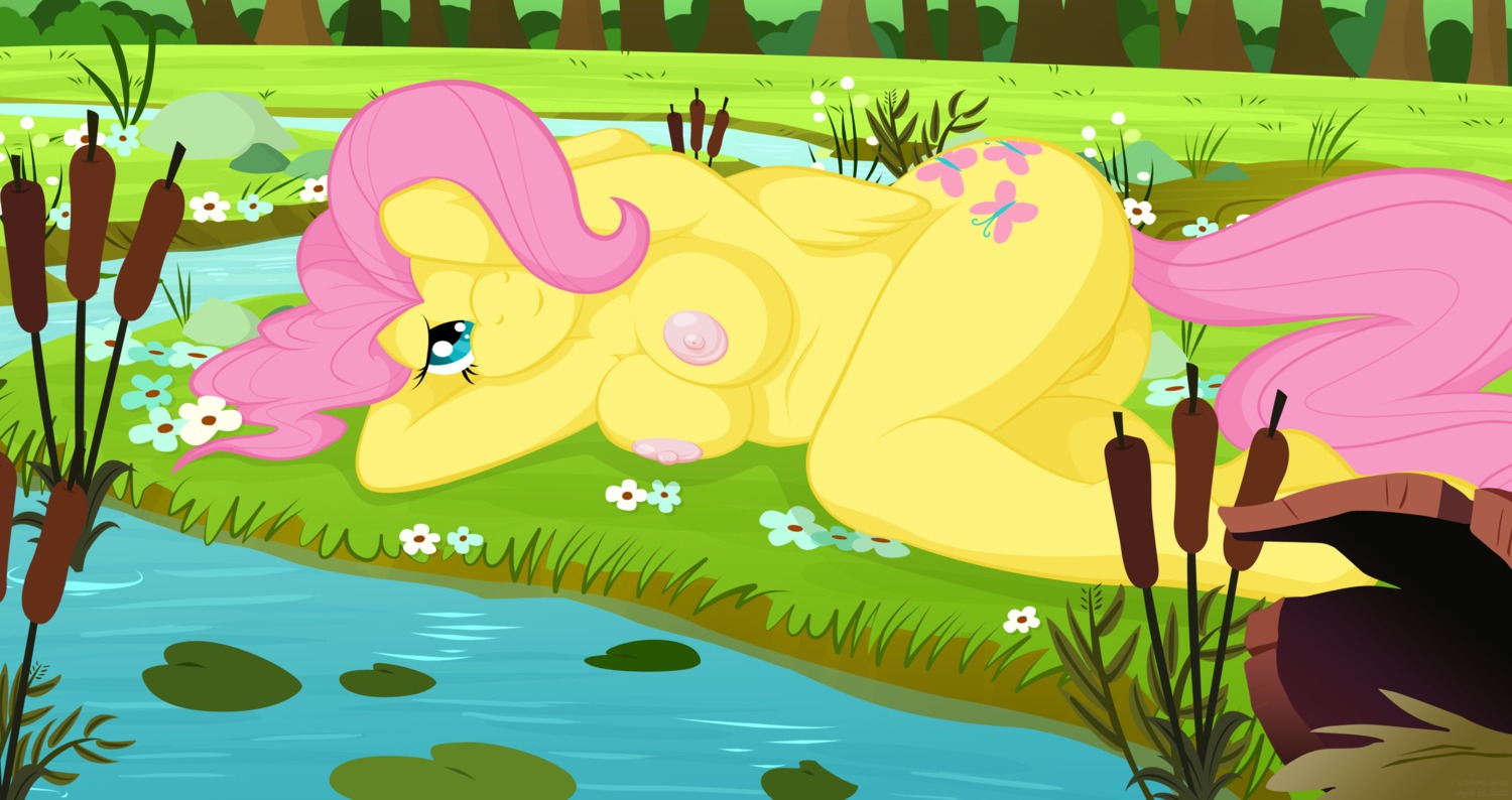 absurd_res anthro anthrofied breasts e621 equid equine feathered_wings feathers female fluttershy_(mlp) friendship_is_magic genitals hair hair_over_eye hasbro hi_res looking_at_viewer mammal my_little_pony mythological_creature mythological_equine mythology nude one_eye_obstructed pegasus pink_hair pinup pose solo tail vulva whitmaverick wings yellow_body yellow_feathers
