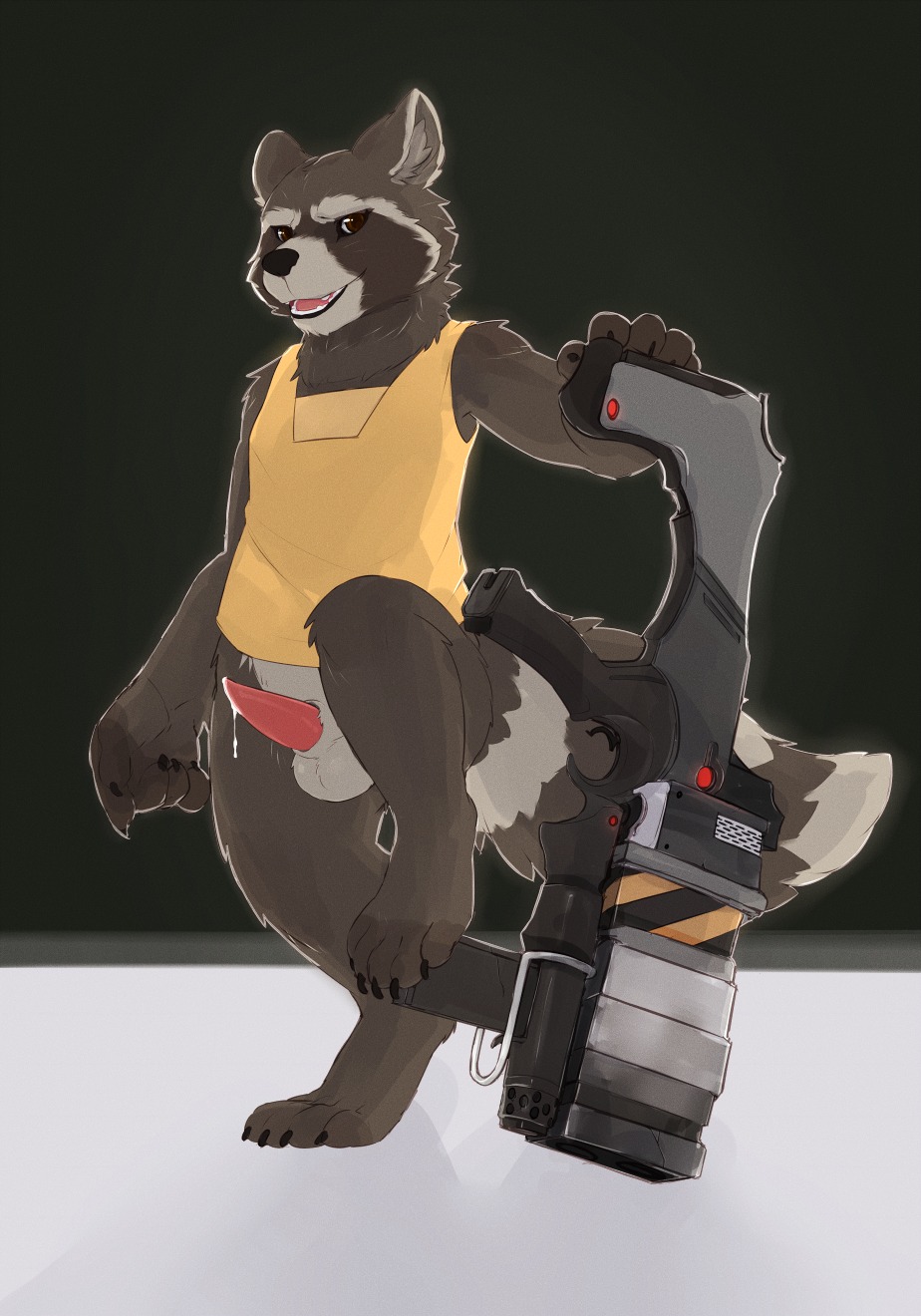 animal_genitalia anthro balls bodily_fluids bottomless bottomless_male clothed clothing cum digital_media_(artwork) e621 erection genital_fluids genitals guardians_of_the_galaxy hi_res male mammal marvel penis precum procyonid raccoon rocket_raccoon seth-iova solo tapering_penis weapon