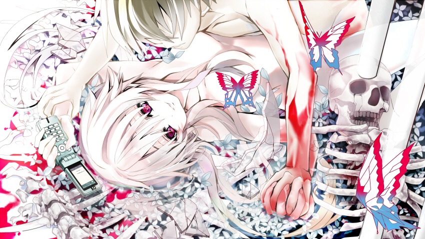 amano_yukiteru blonde_hair blood breasts butterfly cellphone censored convenient_censoring female gasai_yuno hand_holding holding_hands lying mirai_nikki missionary nude on_back phone red_eyes rule34 sex shino_(eefy) silver_hair skeleton smile spread_legs