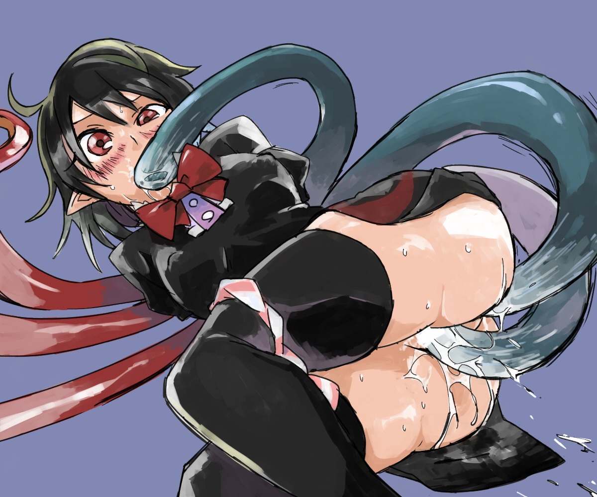 anal_penetration ass black_hair blush censored color cum_in_pussy dubious_consent female long_hair monster nue_houjuu on_side partially_clothed pussy red_eyes rule34 simple_background solo_focus straight tentacles touhou vaginal_penetration