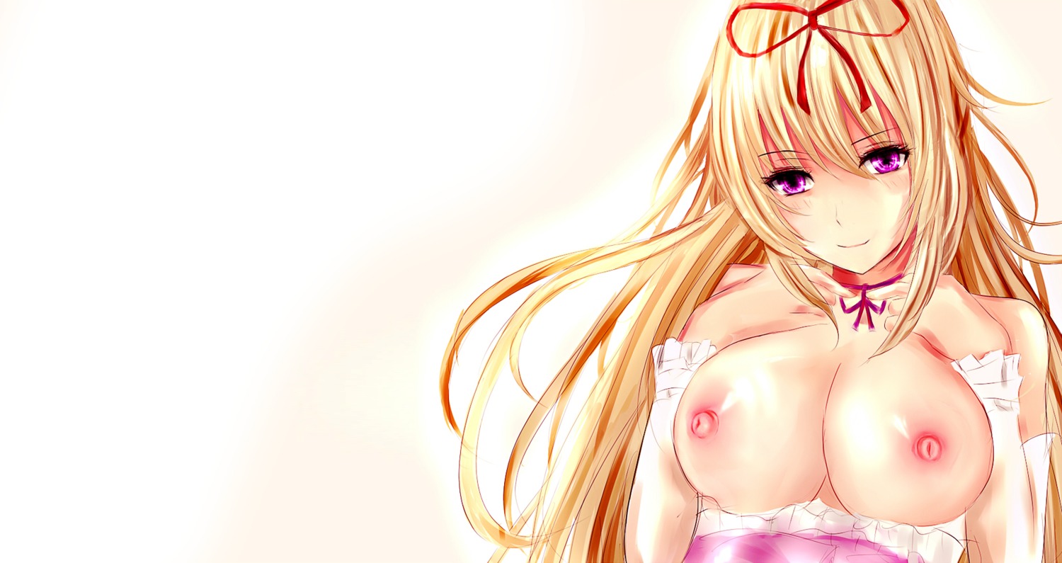 blonde_hair blush breasts female long_hair nipples no_bra purple_eyes ribbons rule34 touhou yukari_yakumo