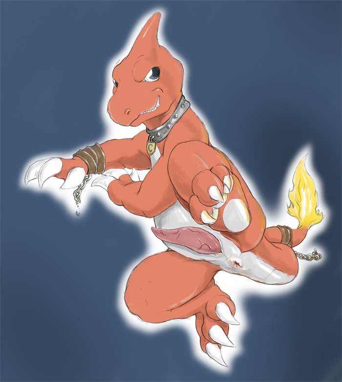 2007 anus biped chain charem charmeleon claws collar e621 erection fan_character feral fire flaming_tail generation_1_pokemon genitals grey_eyes grin looking_at_viewer male nintendo orange_body orange_skin penis pokemon pokemon_(species) presenting reptile sarovak scalie simple_background smile solo spread_legs spreading tail tapering_penis teeth