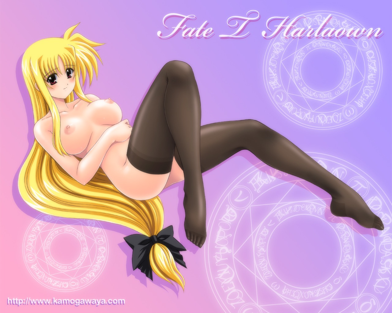 blonde_hair blush bow breasts fate_testarossa female hairbow kamogawa_tanuki legs long_hair low-tied_long_hair lyrical_nanoha magic_circle mahou_shoujo_lyrical_nanoha mahou_shoujo_lyrical_nanoha_strikers nude octagram red_eyes rule34 smile star_of_lakshmi thighhighs very_long_hair wallpaper
